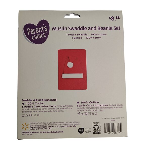 Parents Choice Muslin Swaddle and Beanie Red Cotton Infant Newborn Santa Set - Picture 4 of 6